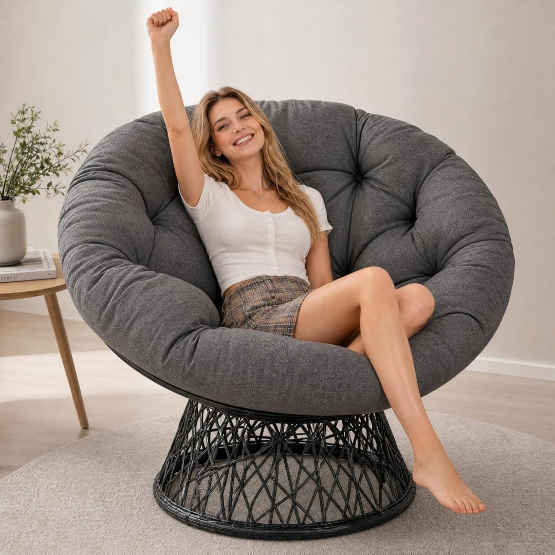 360 drehbarer papasansessel aus rattan drehsessel runder outdoor lounge chair dickes graues 180g polyesterkissen stahlrahmen papasan gartenstuhl gemuetlicher sessel rund terrasse