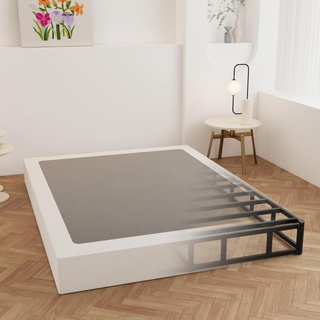 229 cm boxspringbett fuer queen-bett bettgestell mit stoffbezug robustes metall hohe tragfaehigkeit matratzenfundament einfache montage geraeuschfrei