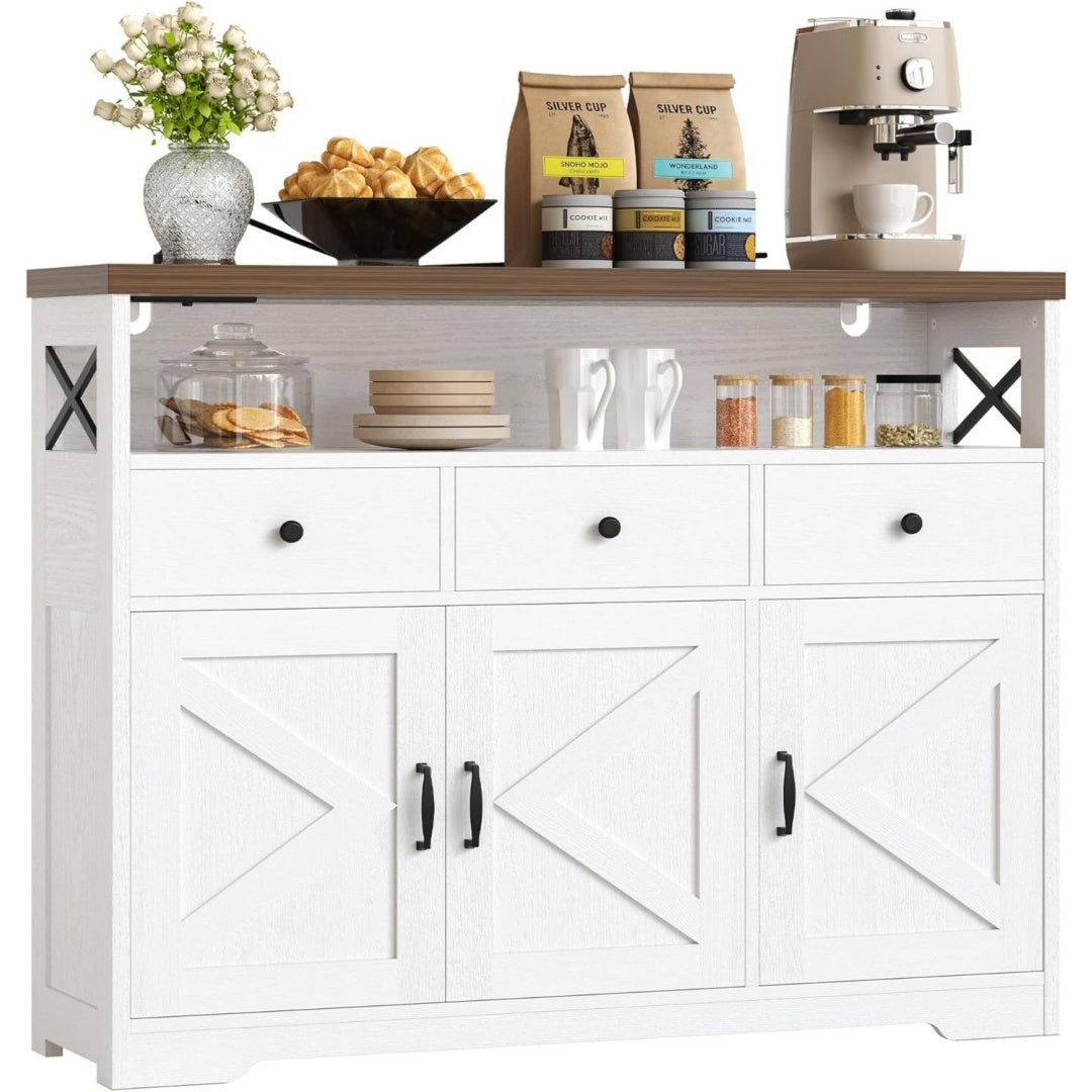 ironck kuechenschrank sideboard mit steckdose 2ac1usb1c aufbewahrungsschrank 3 schubladen 3 tueren kuechenbuffet kaffeebar schrank fuer wohnzimmer esszimmer verstellbare ablage 107x35x95cm weiss