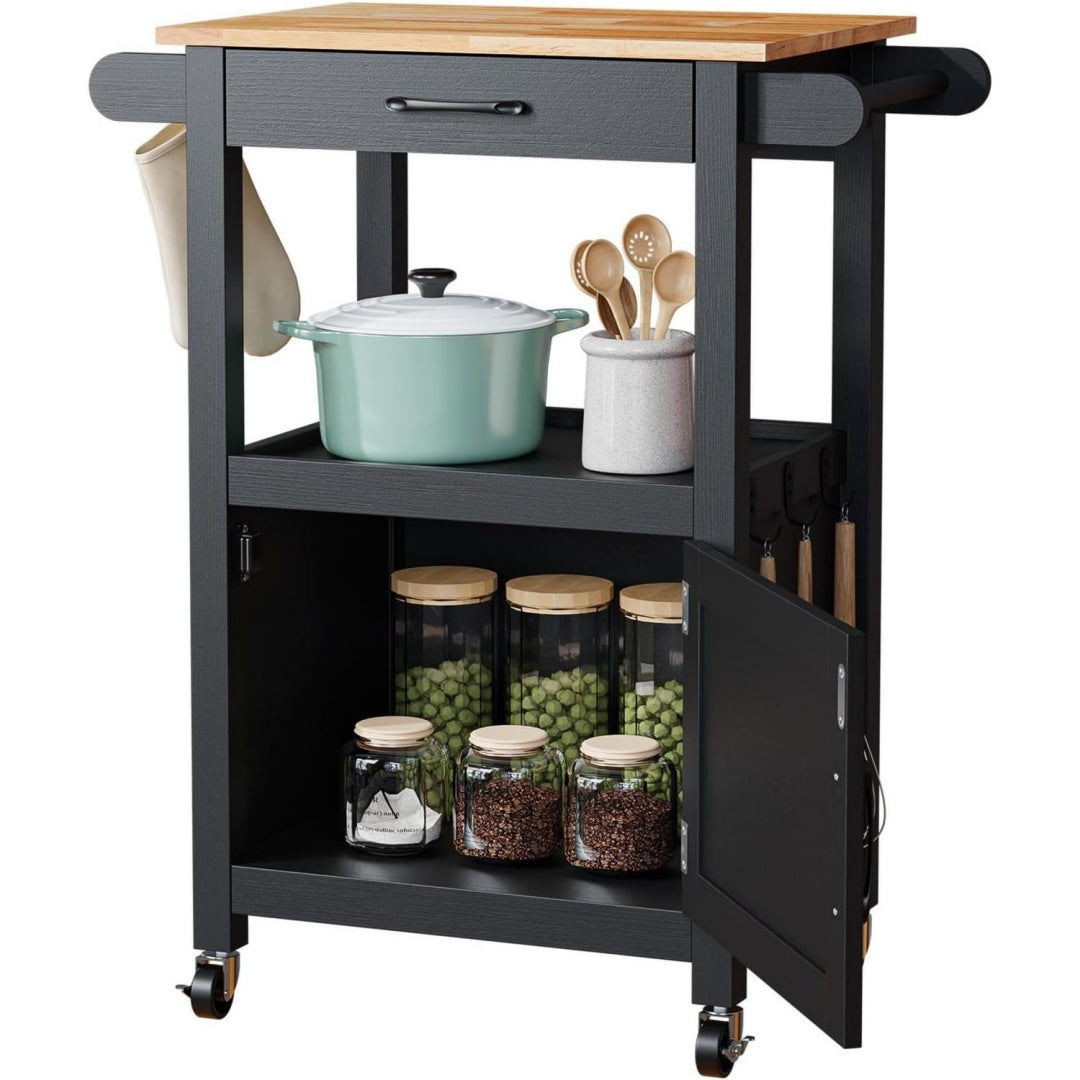 servierwagen mit rollen kuechenwagen mit arbeitsplatte und schubladen scheunentor-design in schwarz holzrelief metallgriff gummibaum-platte 74x63x89cm schwarz