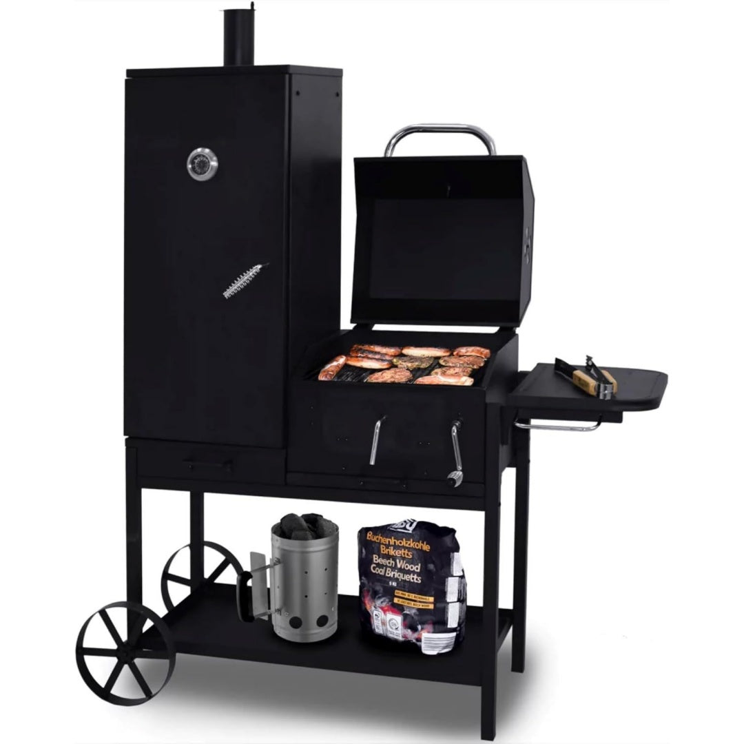 smoker klavor mit raeucherofen grill-grill holzkohlegrill smokergrill stahl stahlblech mit feuerschutzlack grillkammer und raeucherkammer holzgriffe aschetuer mit riegelverschluss
