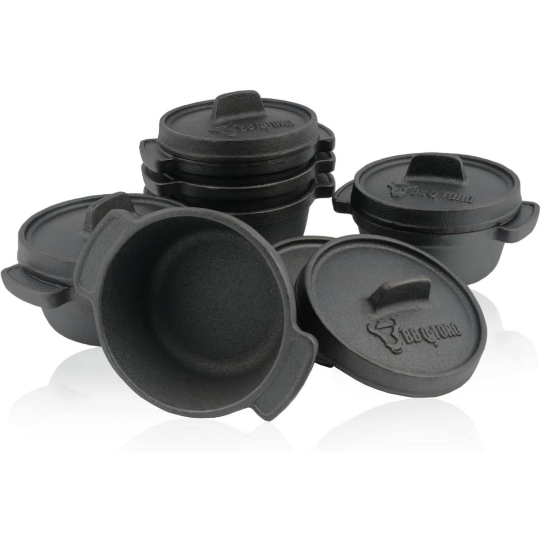 mini dutch oven set 6 stueck 11 cm schwarz bereits eingebrannt - preseasoned runde gusseisen serviertoepfe kochtopf braeter gusstopf