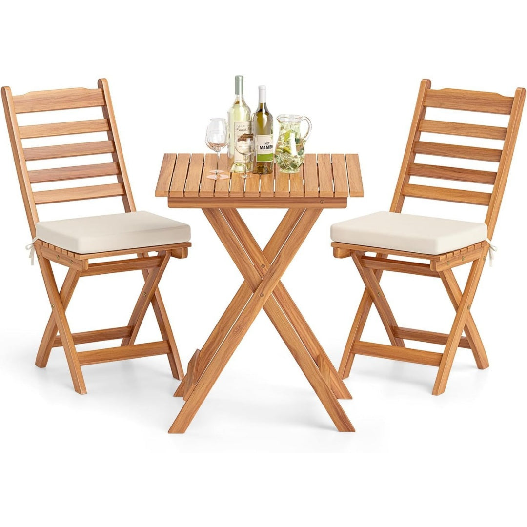 3tlg balkonmoebel set bistrotisch mit 2 stuehlen klappbares balkonset aus akazienholz mit 2 kissen bistroset gartengarnitur gartenmoebel sitzgruppe fuer balkon garten horizontal