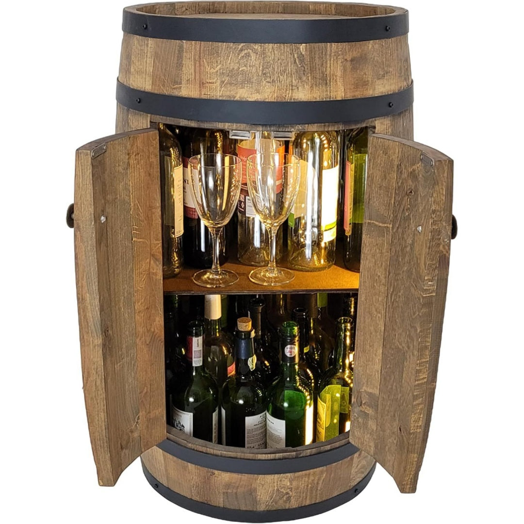 fassbar mit 2 tueren und led beleuchtung holzfass 80x50cm weinfass - barschraenk handgemacht flaschenregal hausbar vintage theke bar wand holzregal whisky wein bier - bartisch geschenk fuer maenner